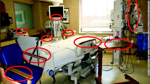 Researchers installed copper alloy surfaces in the areas of the ICU room shown above.